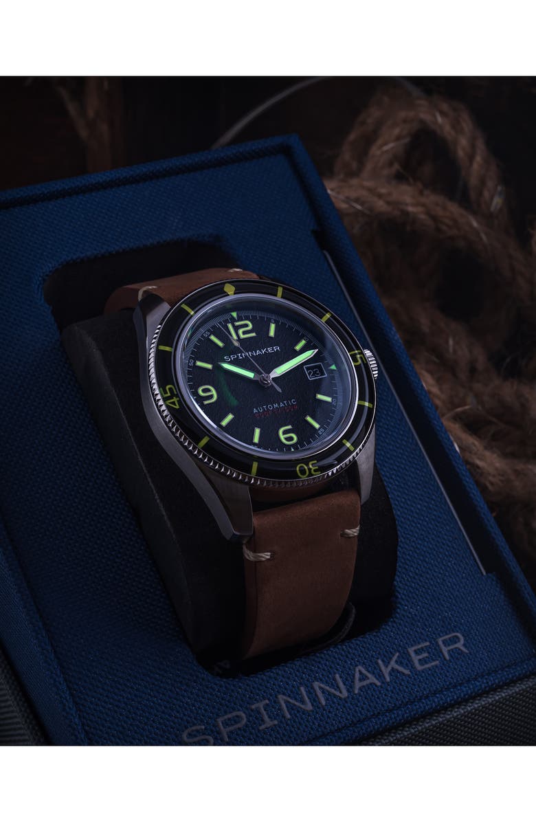 SPINNAKER Fleuss Automatic Leather Strap Watch, 43mm, Alternate, color, Black