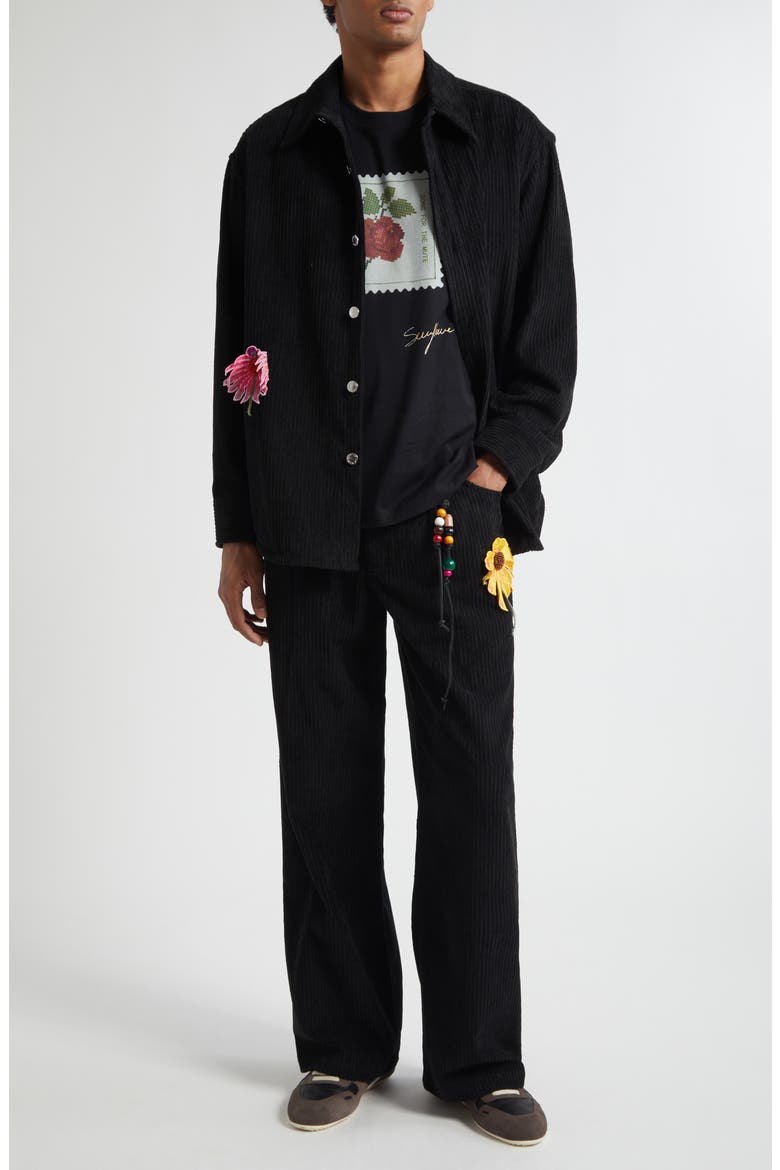 Pleated Embellished Flower Patch Corduroy Pants, Alternate, color, BLACK