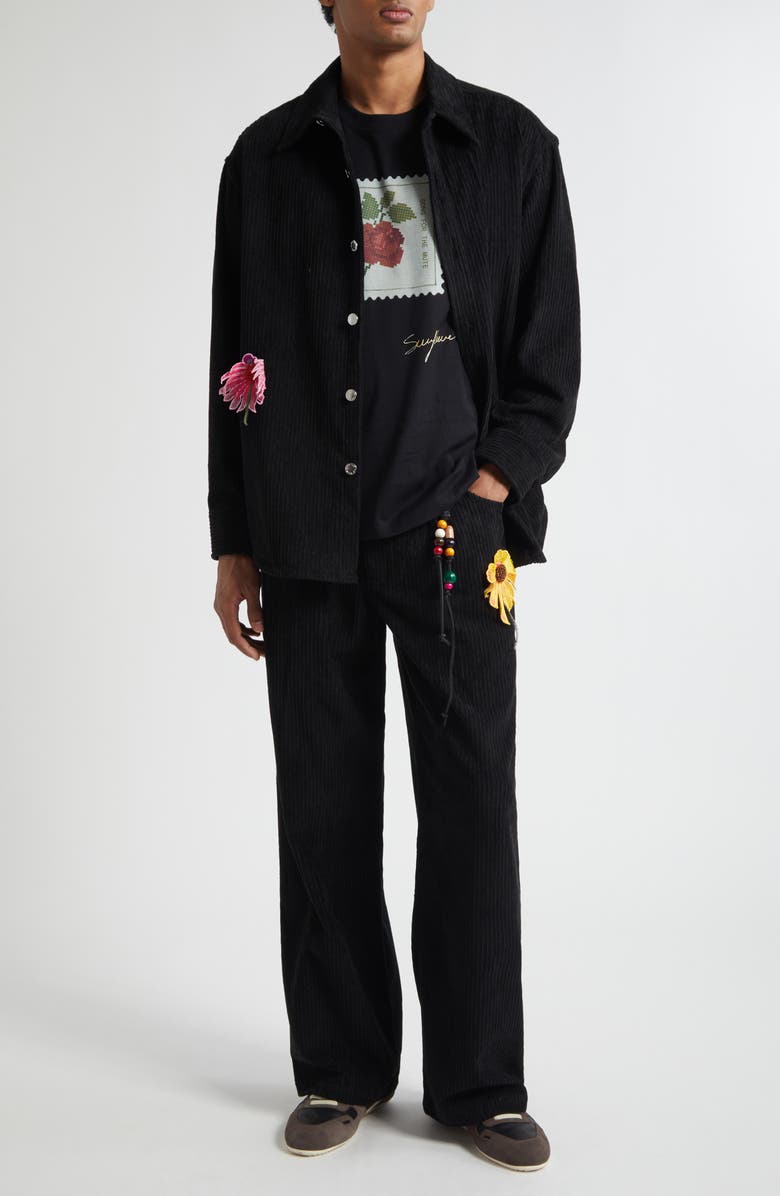 SONG FOR THE MUTE Floral Appliqué Corduroy Shirt Jacket, Alternate, color, Black