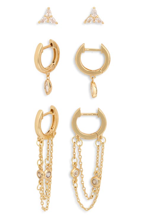 Set of 3 Cubic Zirconia Stud & Chain Drop Huggie Hoop Earrings