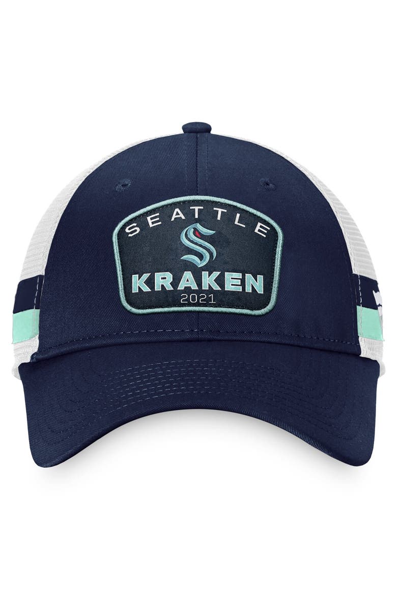 Men's Fanatics Branded Deep Sea Blue/White Seattle Kraken Fundamental Striped Trucker Adjustable Hat, Alternate, color, Navy