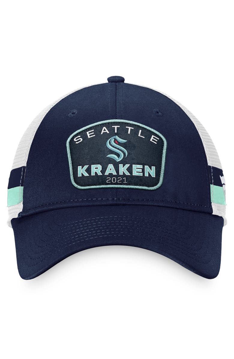 FANATICS Men's Fanatics Branded Deep Sea Blue/White Seattle Kraken Fundamental Striped Trucker Adjustable Hat, Alternate, color, Navy