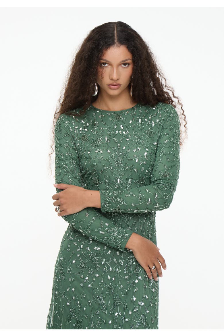 Modest Embellished Sequin Beaded Dress Maxi With Long Cape, Alternate, color, DARK GREEN