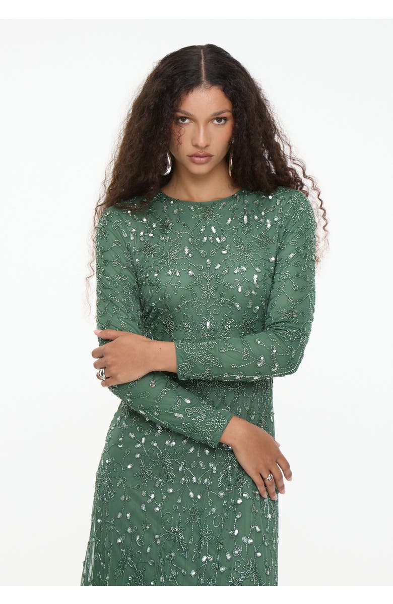 MARYISA Modest Embellished Sequin Beaded Dress Maxi With Long Cape, Alternate, color, Dark Green