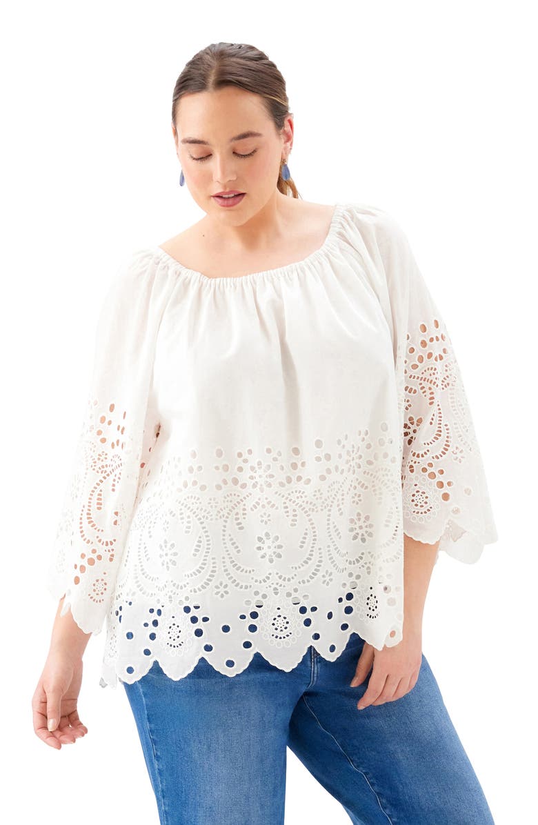 Karen Kane Eyelet Embroidered Peasant Top, Alternate, color, Off White