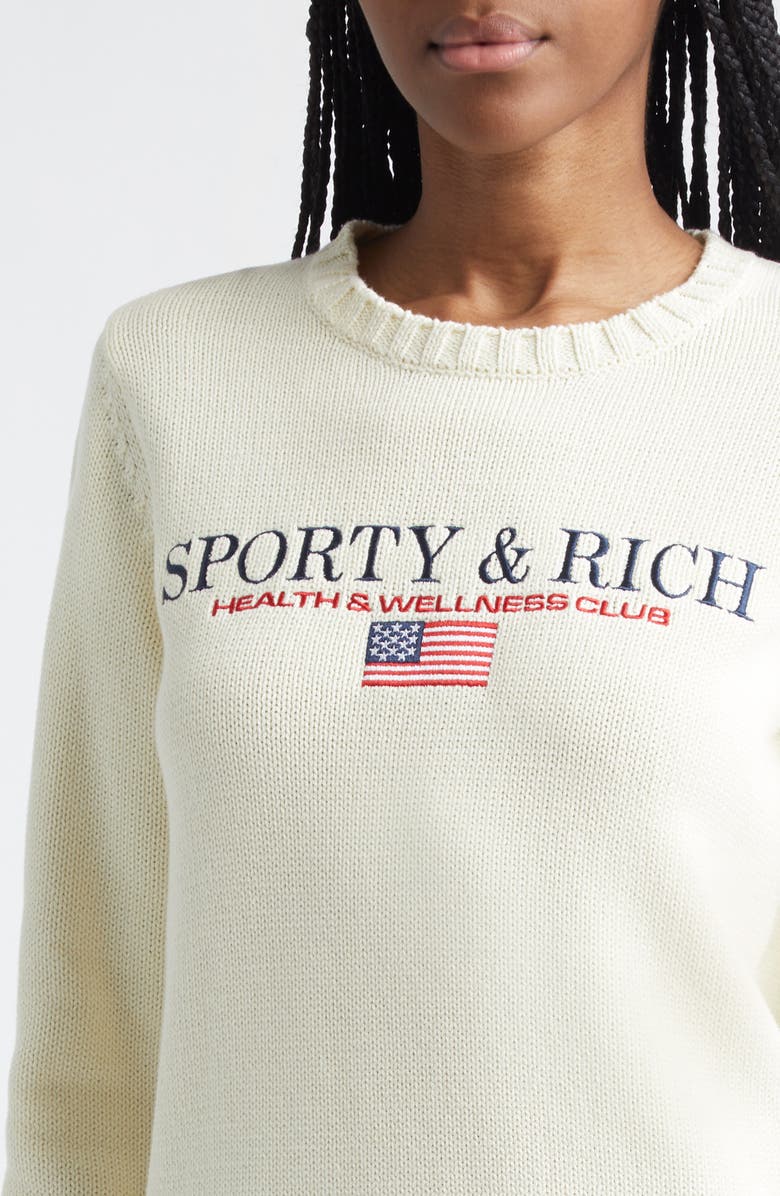 Sporty & Rich Nautical Embroidered Cotton Crop Sweater, Alternate, color, Ecru