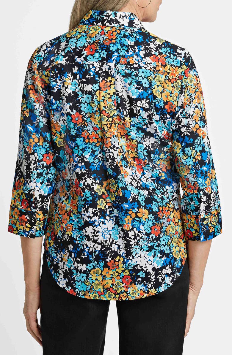 Foxcroft Margie Floral Three-Quarter Sleeve Cotton Button-Up Shirt, Alternate, color, Blue Multi