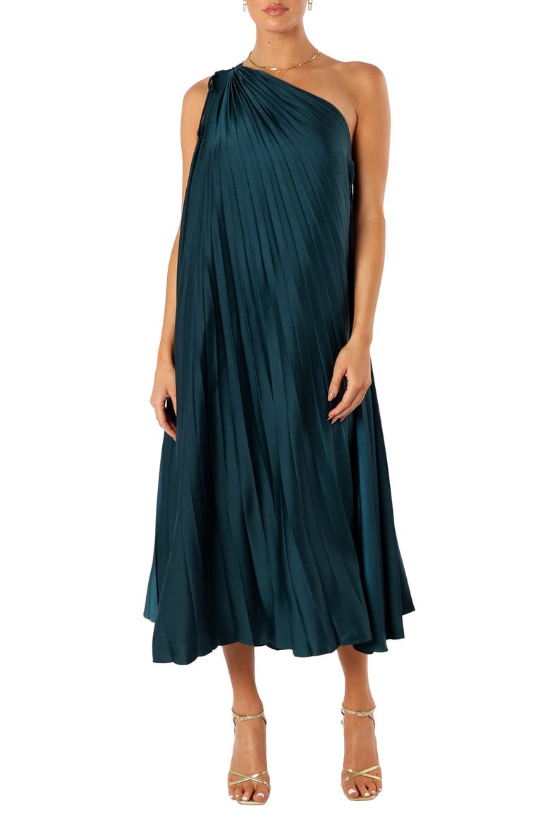 Selena Pleated One-Shoulder Dress, Main, color, EMERALD