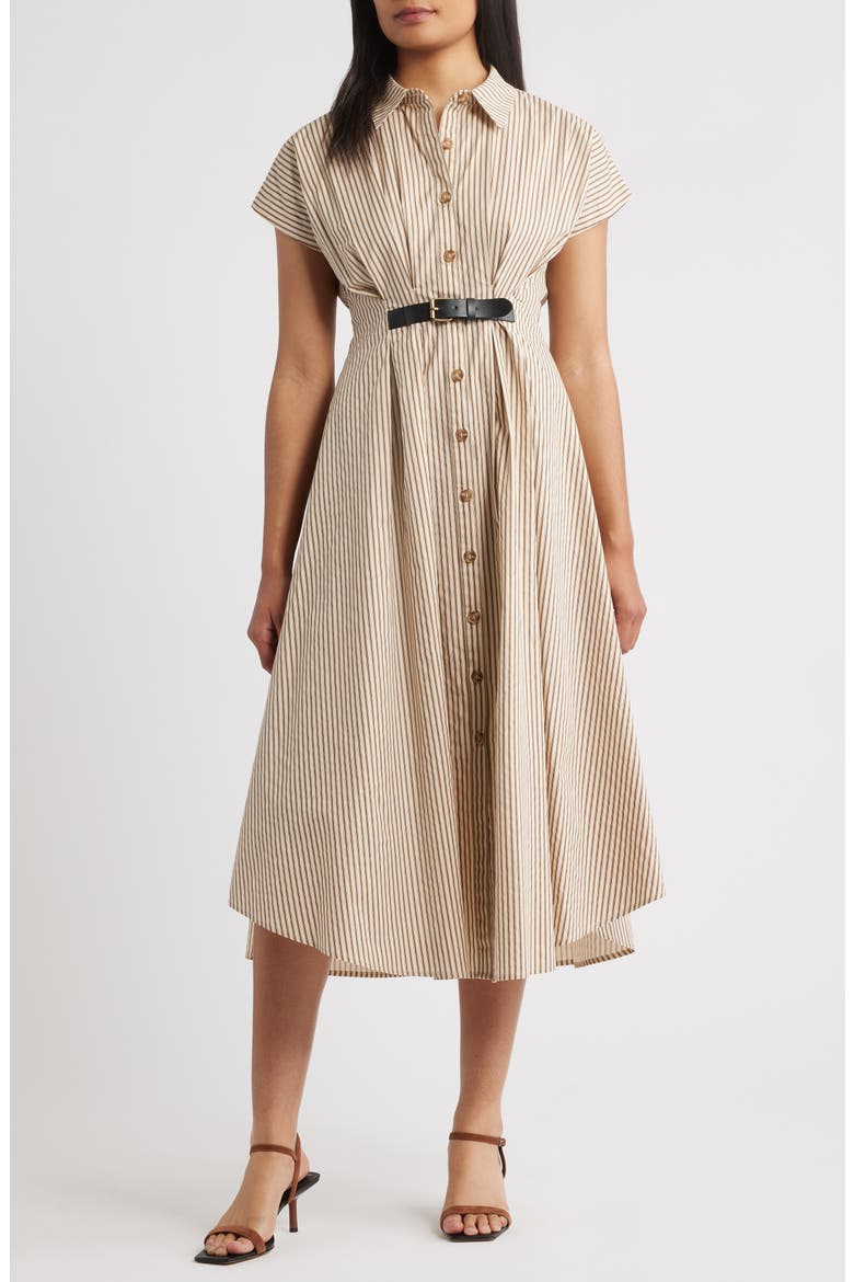 Stripe Belted Detail Cotton Shirtdress, Main, color, BROWN