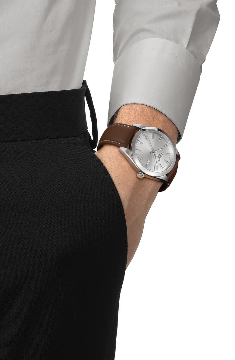 Tissot T-Classic Gentleman Leather Strap Watch, 40mm, Alternate, color, Brown/ Silver