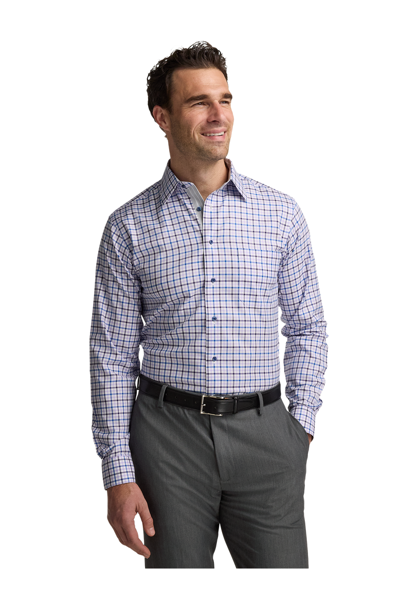 Cotton Poly Spandex Point Collar Twill Slim Contrast Trim Button Cuff Long Sleeve, Alternate, color, Purple/Blue