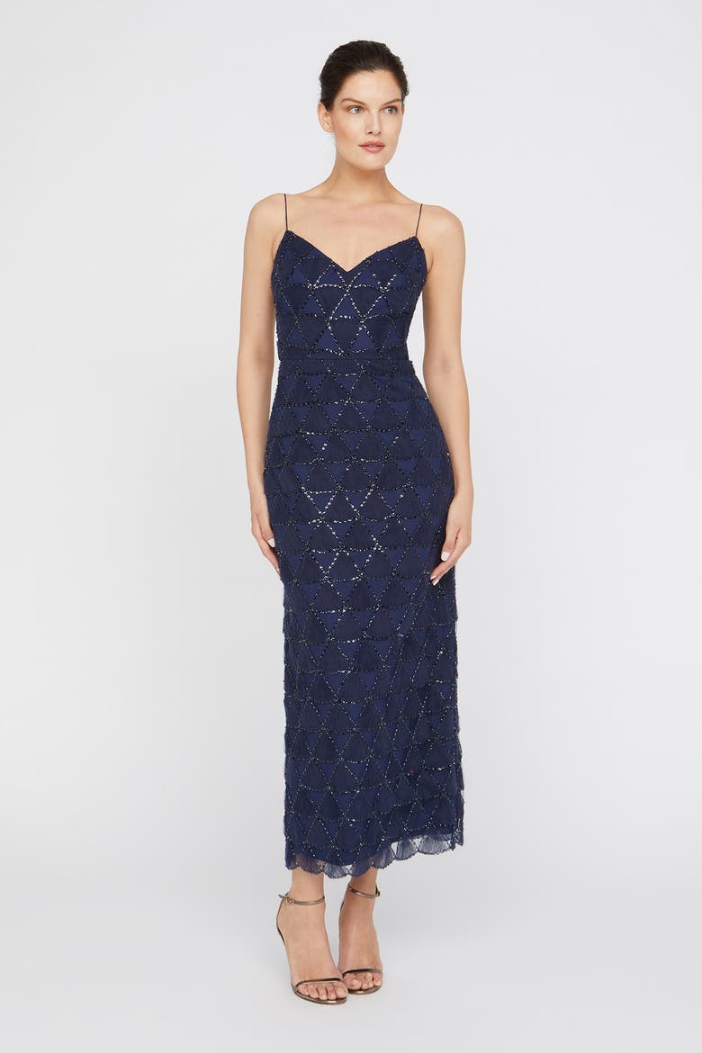 Elsy Textured Tulle Spaghetti Straps Beaded Sheath Dress, Alternate, color, Navy
