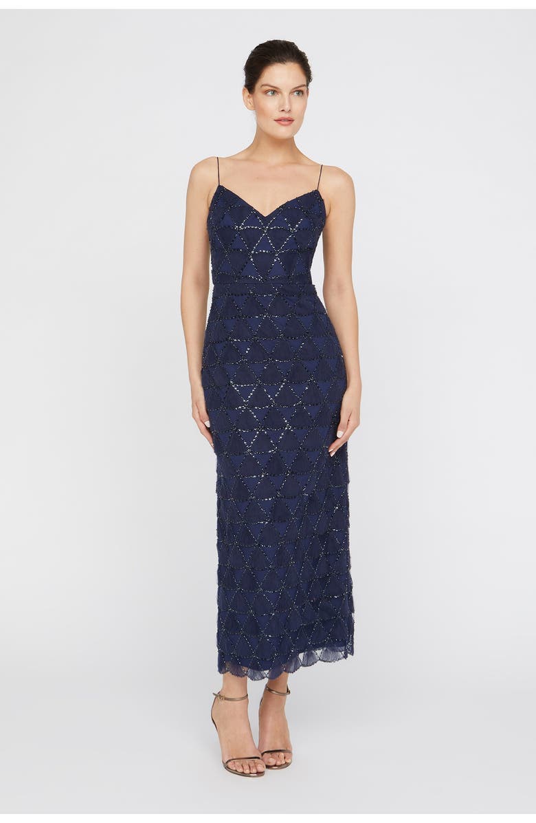 Theia Elsy Textured Tulle Spaghetti Straps Beaded Sheath Dress, Alternate, color, Navy