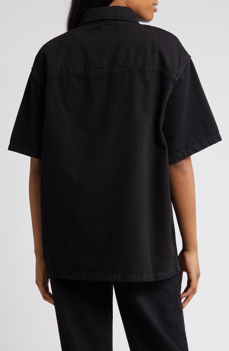 ASOS DESIGN Elbow Sleeve Longline Denim Button-Up Shirt, Alternate, color, 