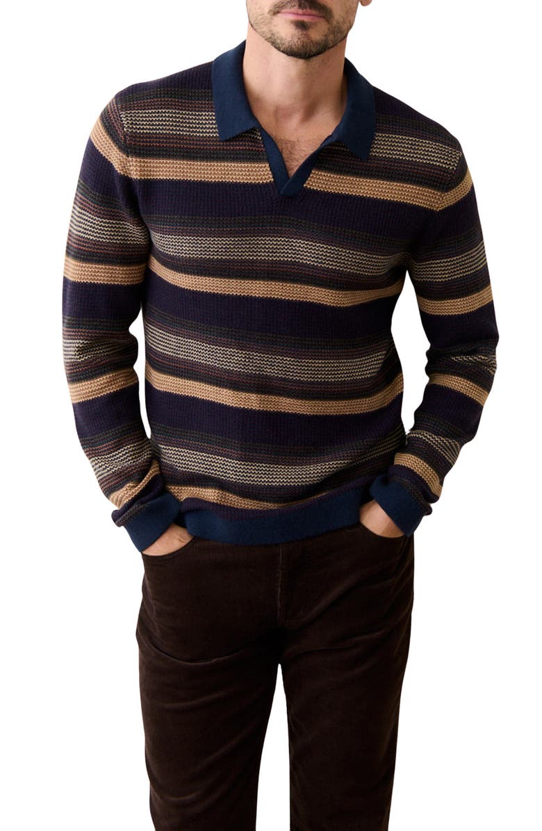 Marine Layer Liam Johnny Collar Long Sleeve Sweater Polo, Main, color, Warm Multi Stripe