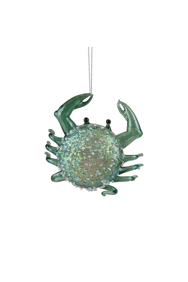 Seafoam Green Glitter Crab Glass Christmas Ornament, Main, color, Green