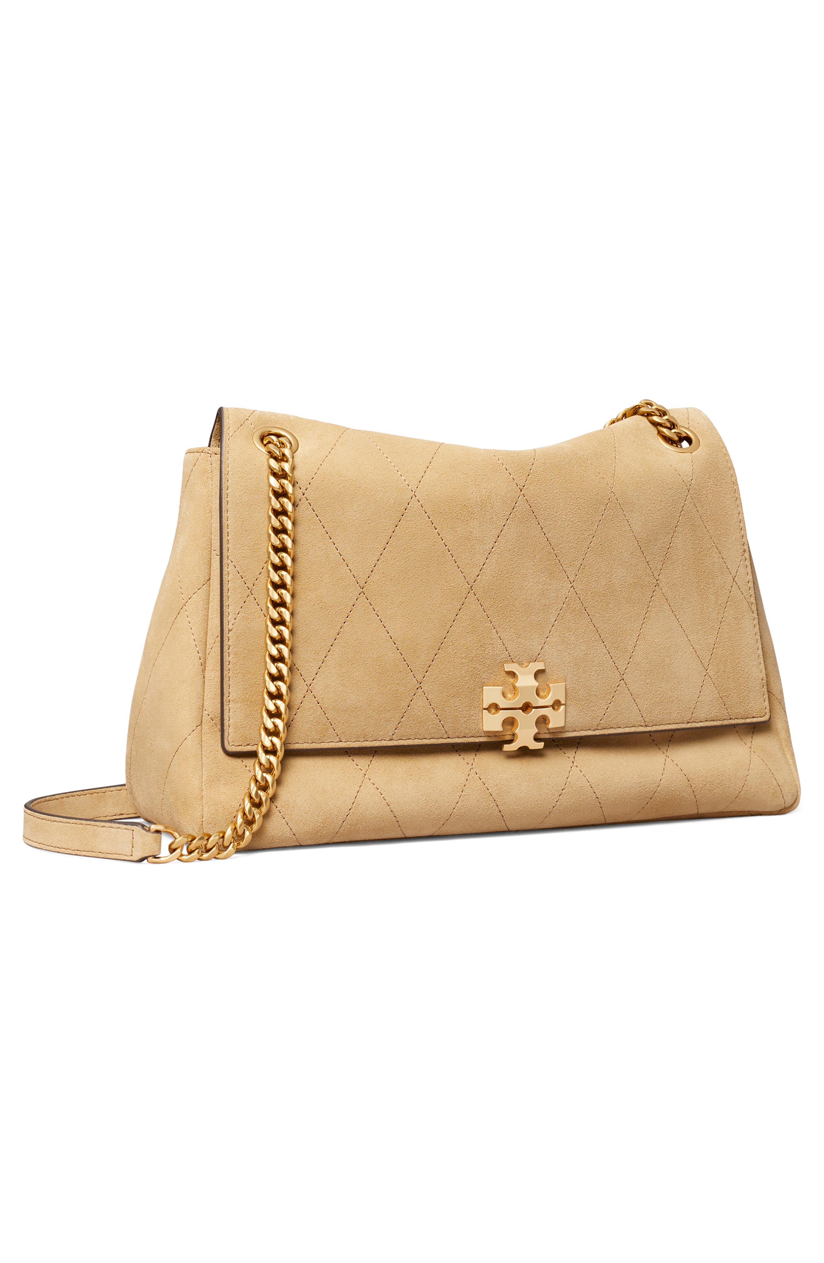 Tory Burch Charlie Quilted Suede Shoulder Bag, Alternate, color, Stone