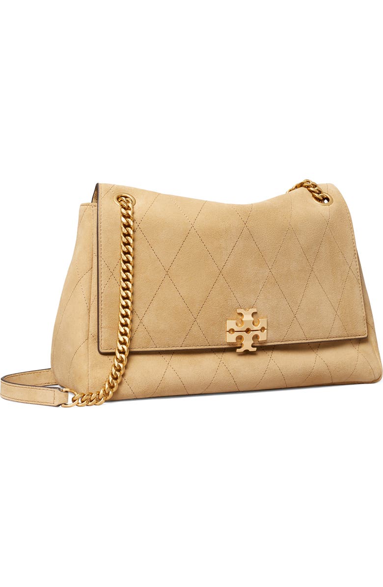 Tory Burch Charlie Quilted Suede Shoulder Bag, Alternate, color, Stone