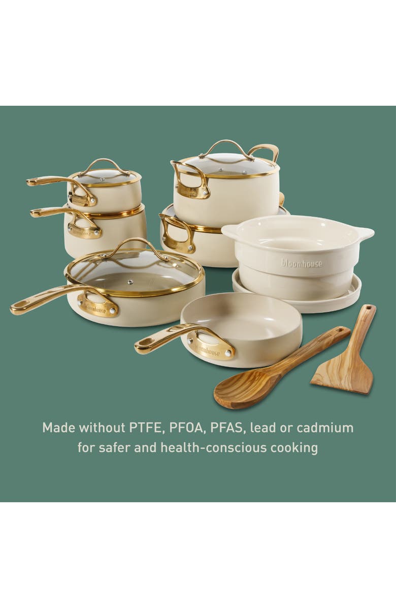 Bloomhouse 15 Piece Ceramic Nonstick Aluminum Cookware Set with Dutch Oven, Alternate, color, Linen With Gold Handle