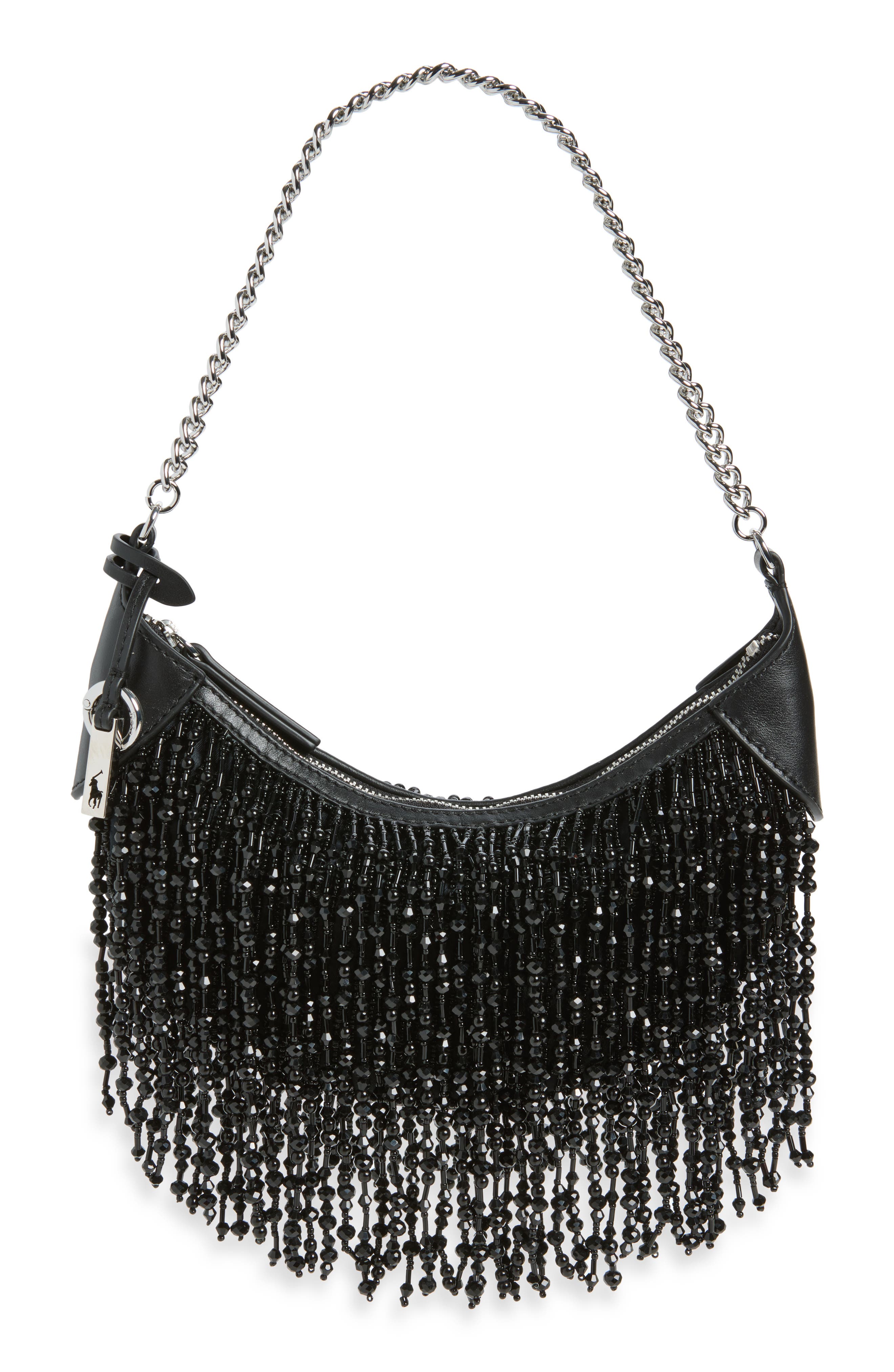 Beaded Fringe Baguette Bag, Main, color, BLACK