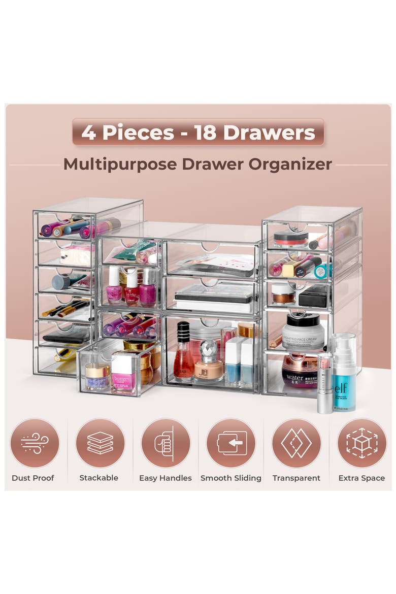4-Pack 18-Drawer Storage Organizers, Alternate, color, CLEAR