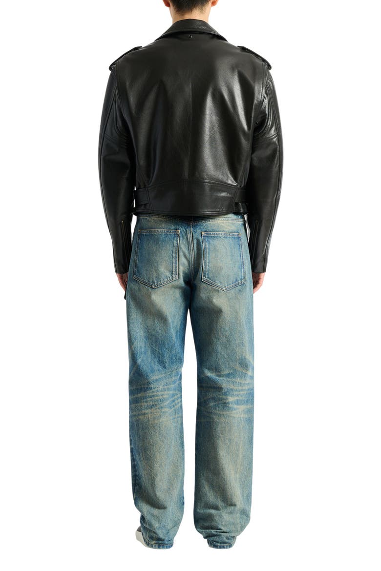 Textured leather biker jacket, Alternate, color, black
