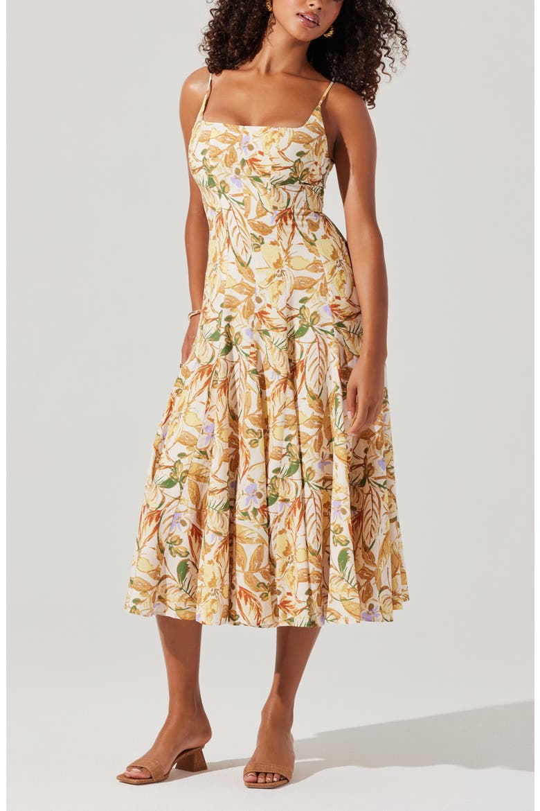 Jaleyah Floral Midi Dress, Alternate, color, MUSTARD GREEN TROPIC