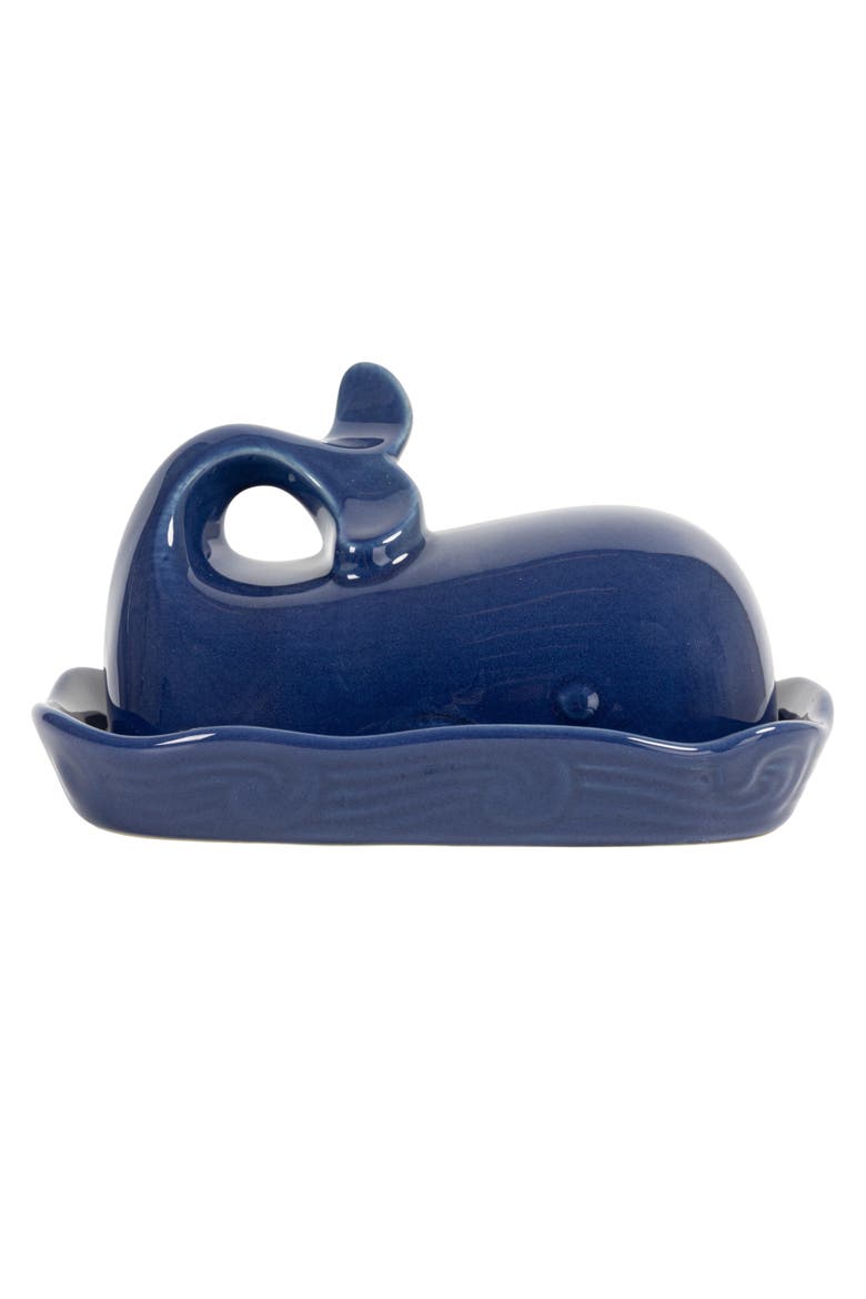 Coastal Stoneware Whale Shaped Butter Dish, Navy Blue, Alternate, color, Blue