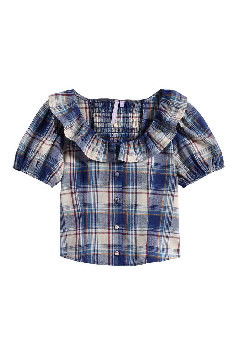 Kids' Plaid Frill Collar Puff Sleeve Top, Main, color, BLUE MULTI