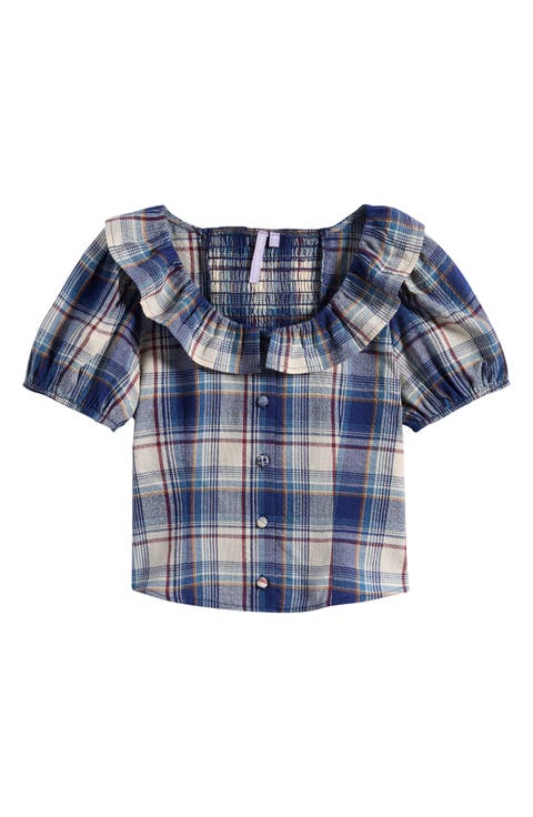 Kids' Plaid Frill Collar Puff Sleeve Top
