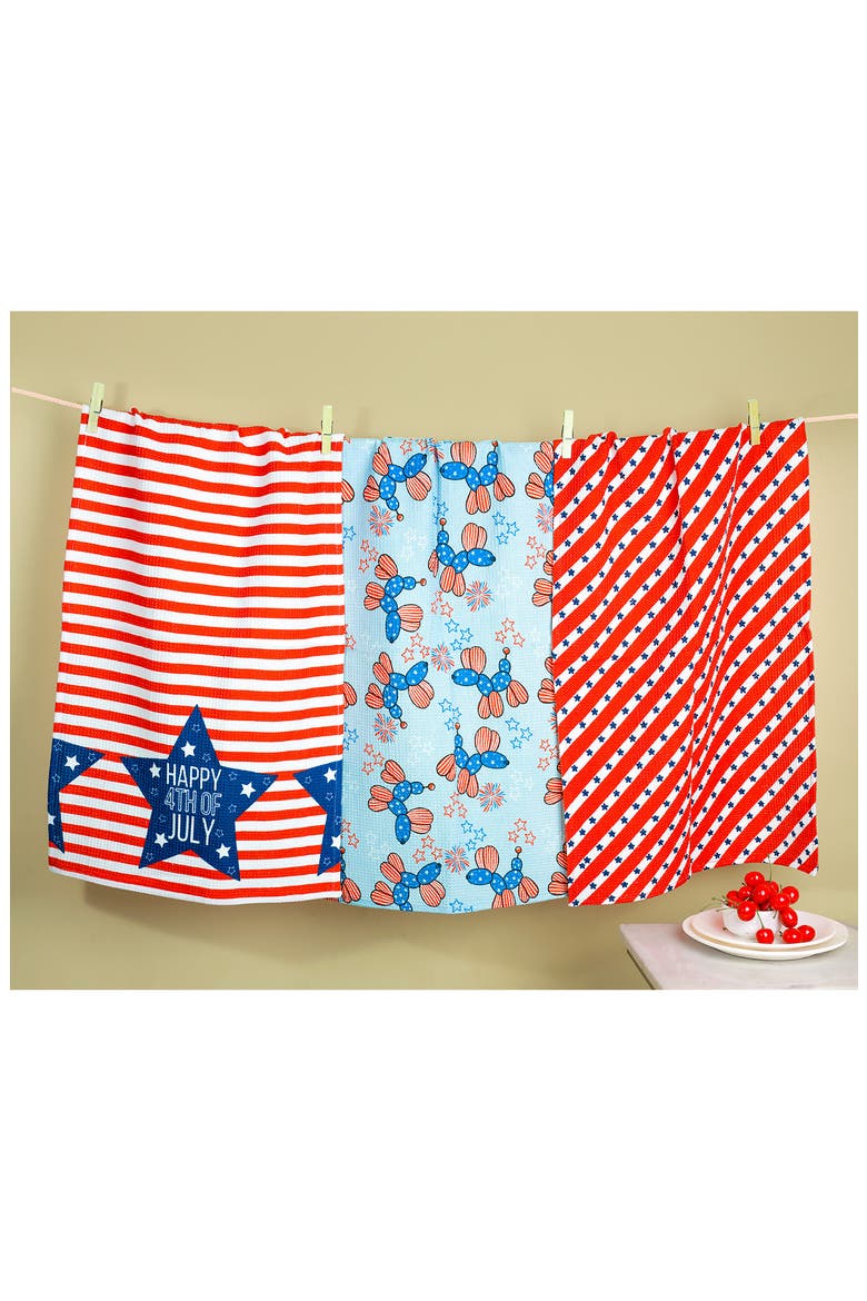 Patriotic Party Set of 3 Cotton Waffle Kitchen Towels, Alternate, color, RED/ BLUE