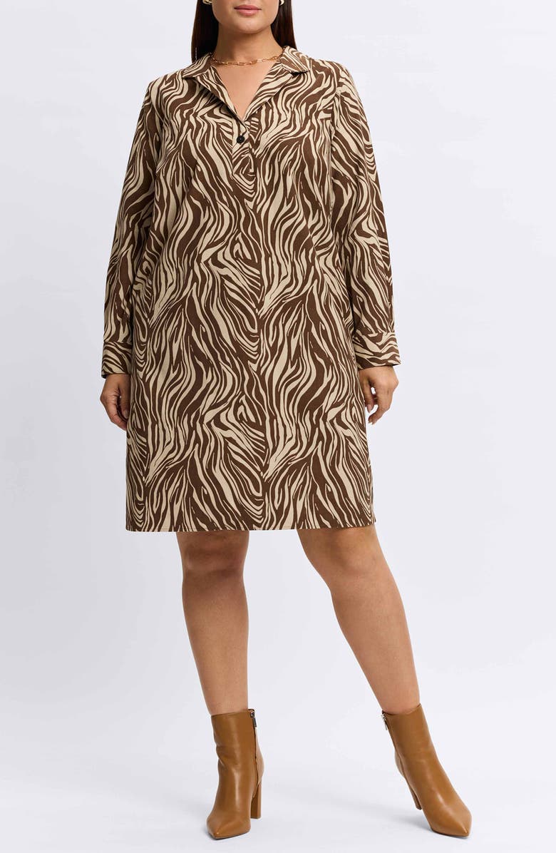 Foxcroft Sloane Zebra Print Long Sleeve Corduroy Shirtdress, Main, color, Brown