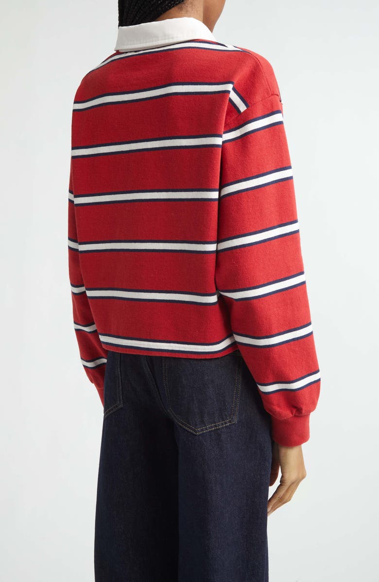 Sporty & Rich Nautical Embroidered Stripe Crop Rugby Polo, Alternate, color, Ruby/ Dark Navy/ White