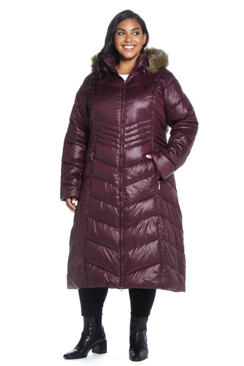 Hooded Maxi Puffer Coat with Faux Fur Trim, Alternate, color, PORT