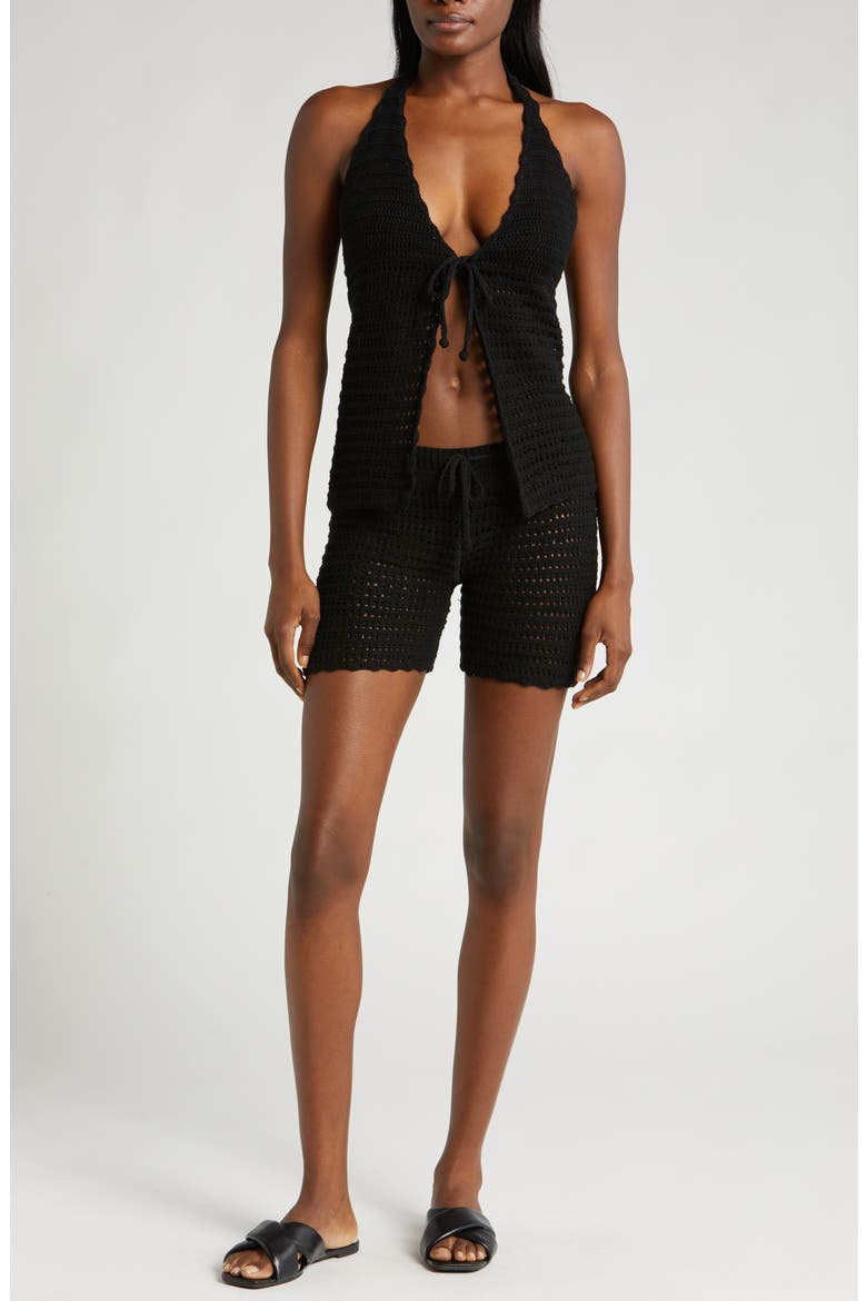 Nora Open Knit Cover-Up Shorts, Main, color, BLACK