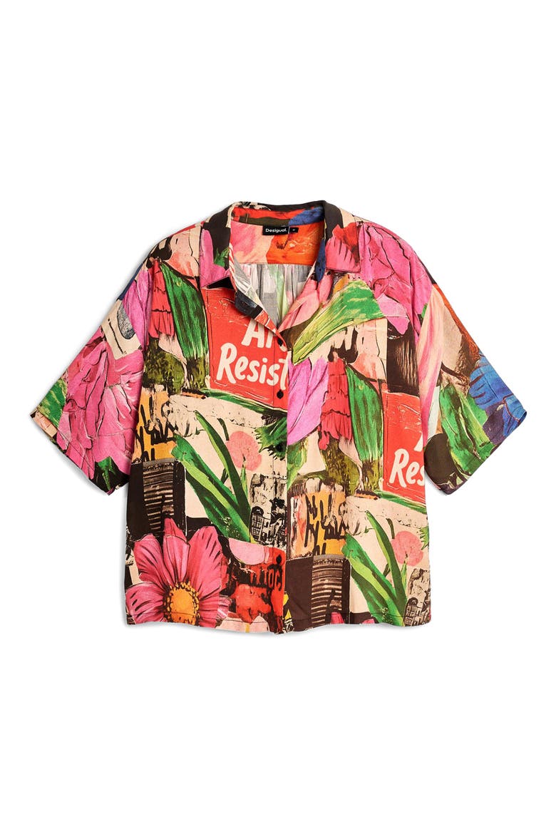 Collage Print Woven Button-Up Shirt, Alternate, color, PINK
