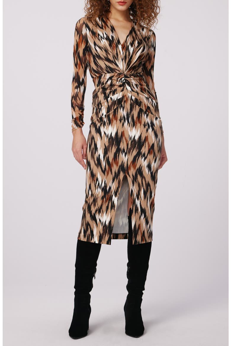 Hades Two Abstract Print Long Sleeve Dress, Main, color, FLAMES CAMEL
