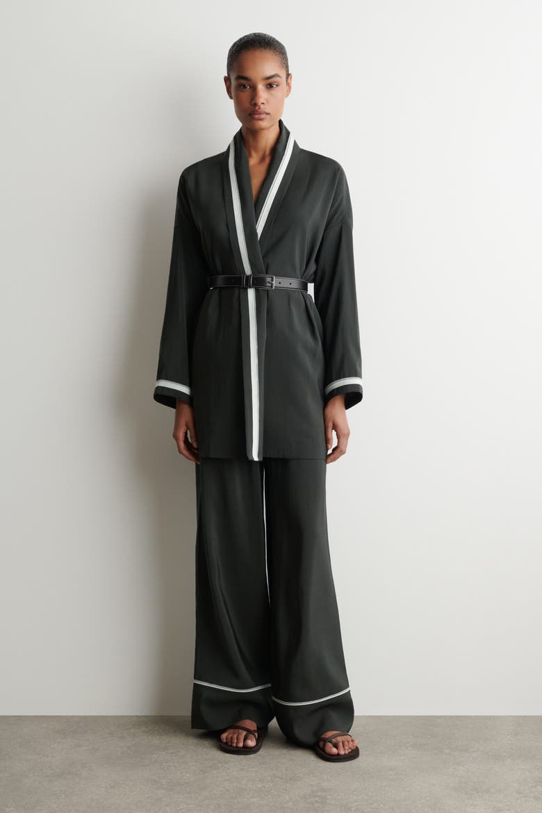 Contrast-piped Robe-style Blouse, Alternate, color, KHAKI / WHITE