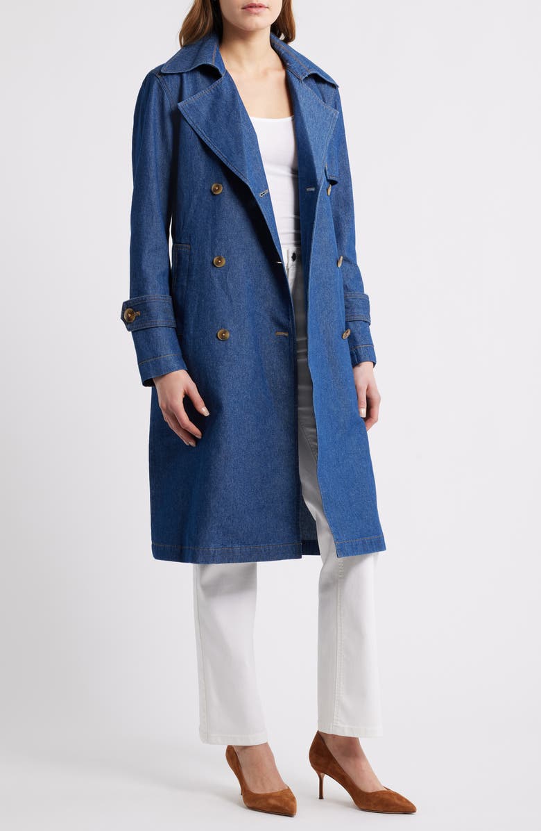 Anne Klein Chambray Double Breasted Belted Trench Coat, Alternate, color, Aries Wash