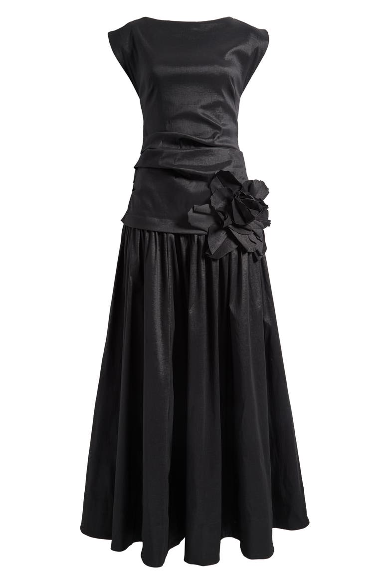Delph Ruched Floral Appliqué Satin Drop Waist Gown, Alternate, color, BLACK