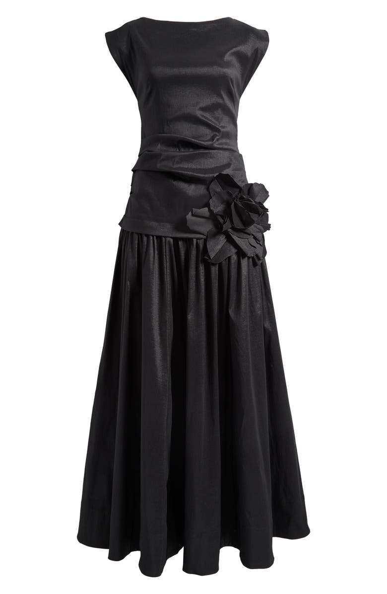 Acler Delph Ruched Floral Appliqué Satin Drop Waist Gown, Alternate, color, Black