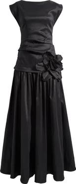 Acler Delph Ruched Floral Appliqué Satin Drop Waist Gown