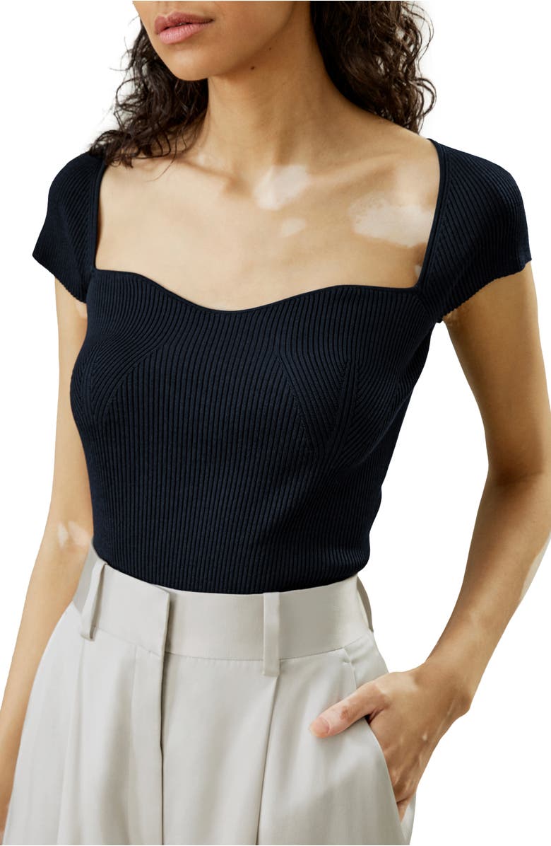 Lilysilk Women's Sweetheart Neck Ribbed Silk Knit Top, Main, color, Navy Blue