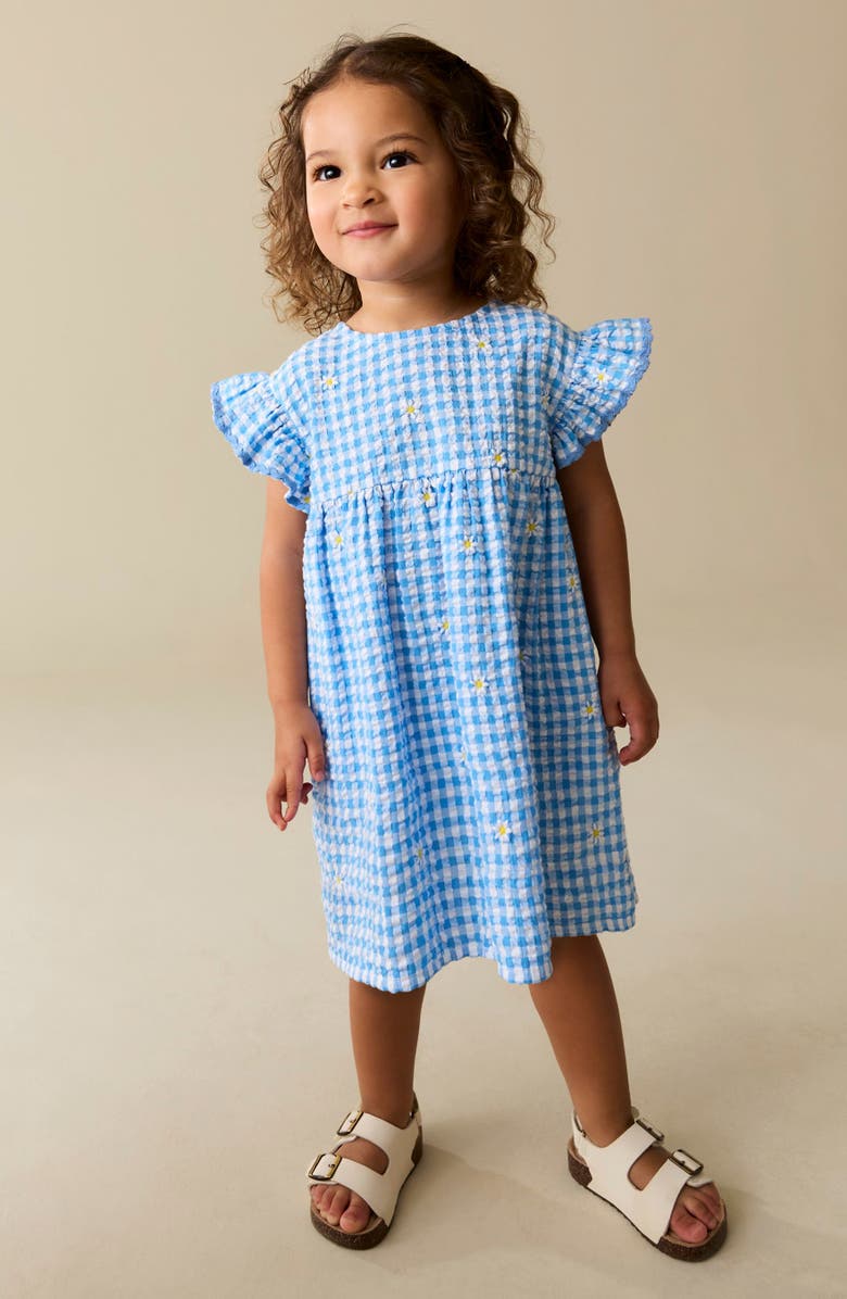 NEXT Kids' Gingham Floral Frill Dress, Alternate, color, Blue