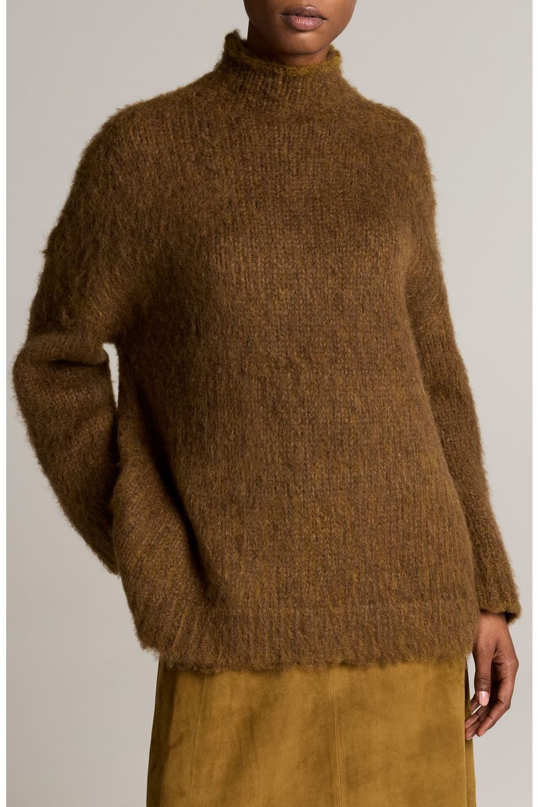 Oversize Brushed Turtleneck Wool & Cotton Sweater, Main, color, MOSS OCHRE
