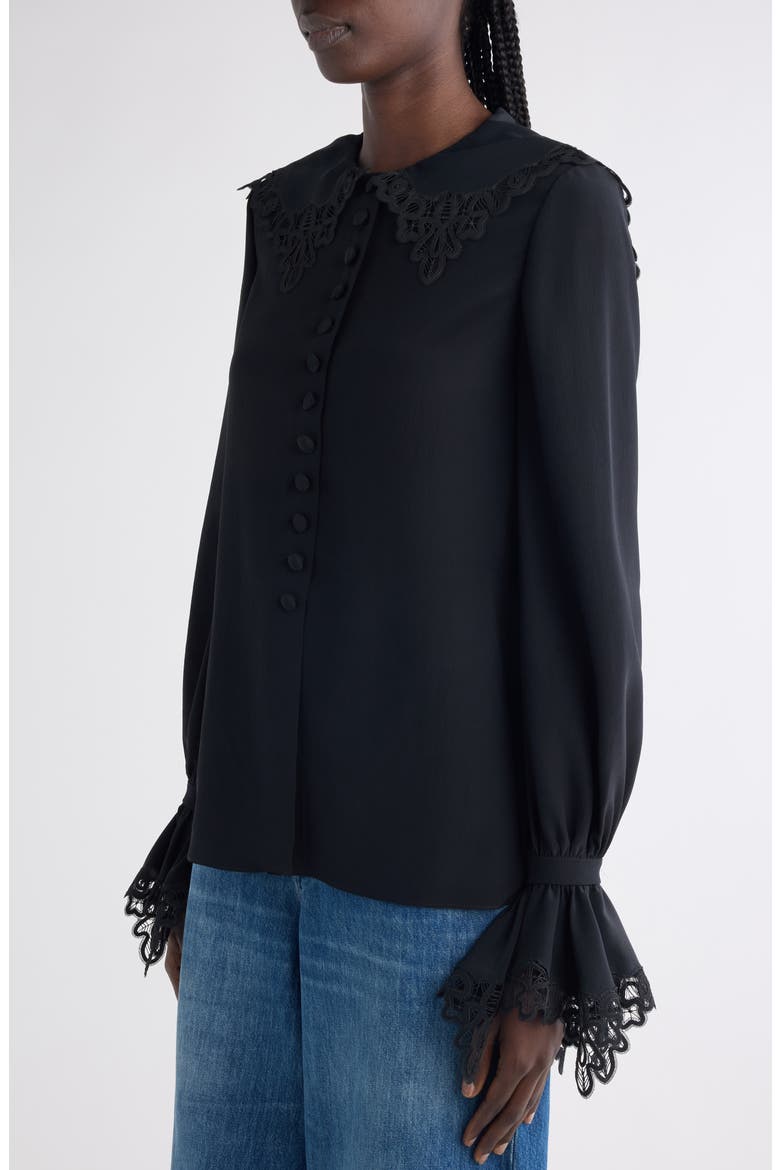 Guipure Lace Organic Silk Button-Up Top, Alternate, color, BLACK