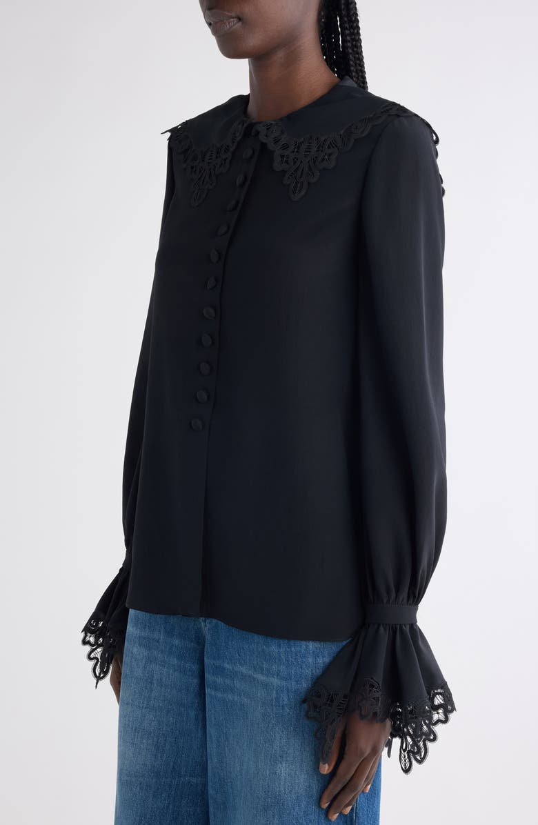 Chloé Guipure Lace Organic Silk Button-Up Top, Alternate, color, Black