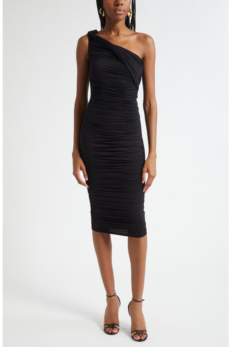 Cheryl Shirred One-Shoulder Body-Con Midi Dress, Main, color, BLACK