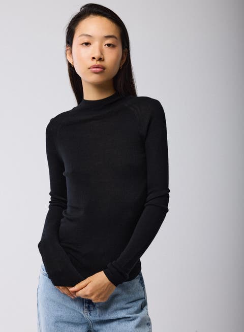Merino Silk Micro Rib Long Sleeve Knit Mock Neck