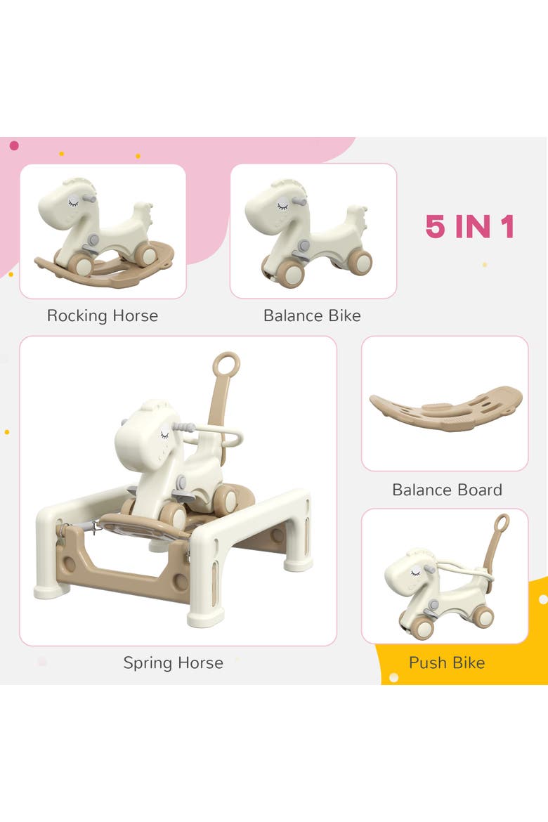 5 in 1 Rocking Horse with Detachable Balance Board, Push Handle, Footrest, Alternate, color, Cream White